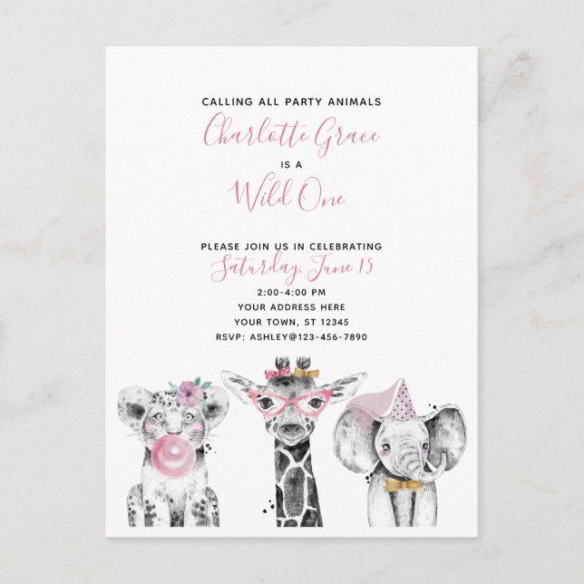 Wild One Black White Pink Girl's Birthday Party Invitation Postcard (Front)