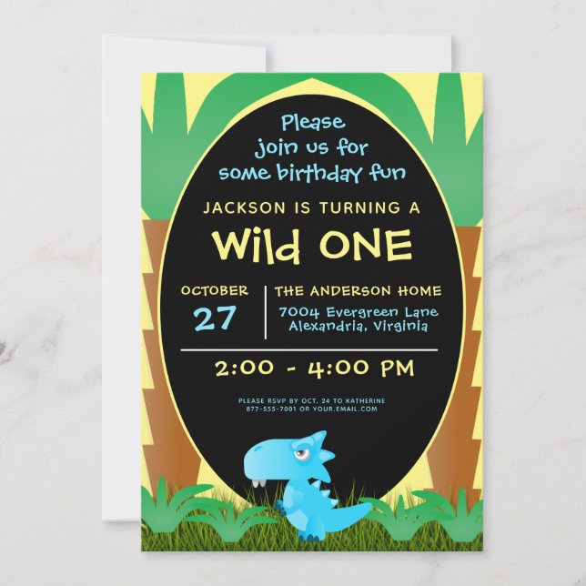 Wild ONE Blue Dinosaur Boy 1st Birthday Invitation (Front)
