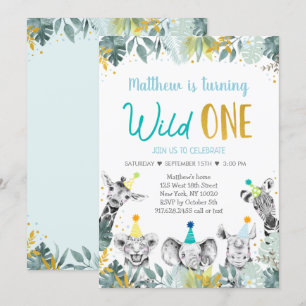 Wild One Blue Gold Party Animal Birthday Invitation