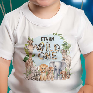 Wild One Blue Jungle Animals 1st Birthday Baby T-Shirt