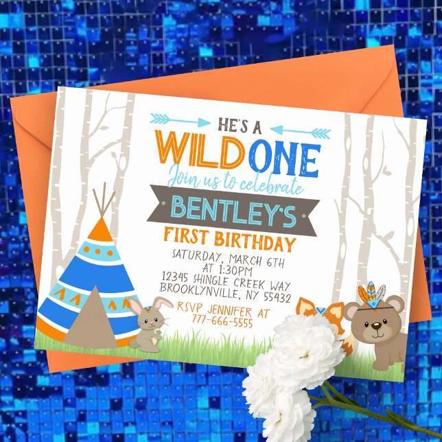 Wild One Blue Teepee Woodland Birthday Invitation (Wild One First Birthday Invitations. Featuring a Tribal Teepee Tent, Forest Fox and Woodland Bear)