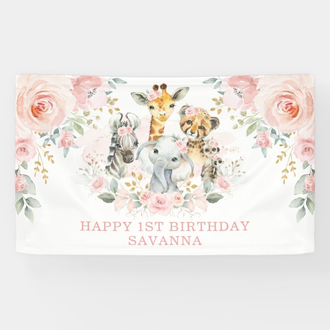 Wild One Blush Floral Jungle Birthday Girl Party Banner (Horizontal)