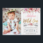 Wild One Boho Birthday Girls 1st birthday invite<br><div class="desc">Wild One Boho Birthday Girls photo 1st birthday invite,  faux foil gold and tribal elements with watercolour flowers.</div>