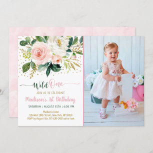 Wild One Boho Floral Pink Gold Birthday Invitation