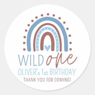 Wild ONE Boho Rainbow Blue Boy Birthday 1st Thank Classic Round Sticker