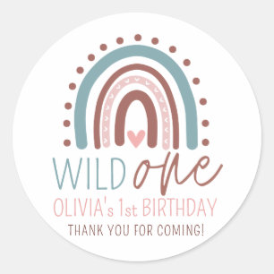 Wild ONE Boho Rainbow Pink Girl Birthday 1st Thank Classic Round Sticker