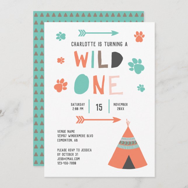 Wild One Boho Tribal Girls Birthday Orange Teal Invitation (Front/Back)