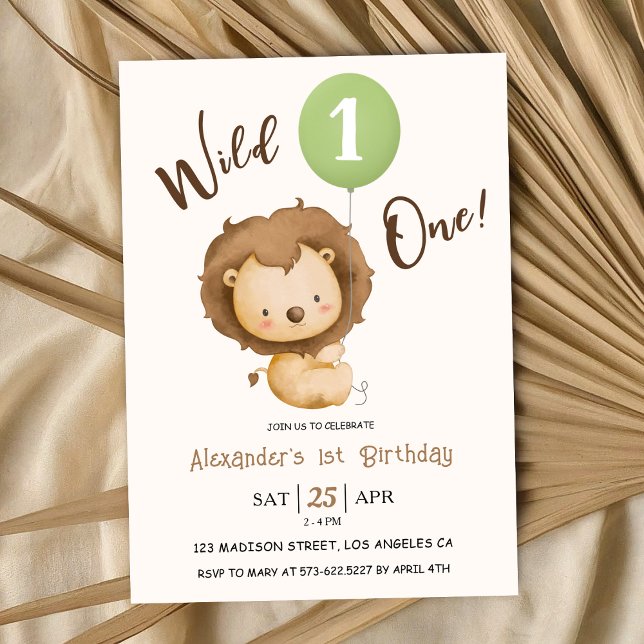 Wild One Boy 1st Birthday Lion Sage Green Balloon  Invitation (Creator Uploaded)