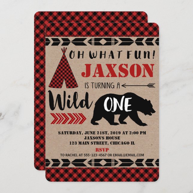 Wild one boy 1st first birthday invitation kraft (Front/Back)