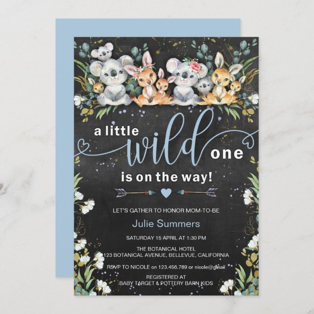 Wild One Boy Blue Koala & Kangaroo Baby Shower Invitation (Front/Back)