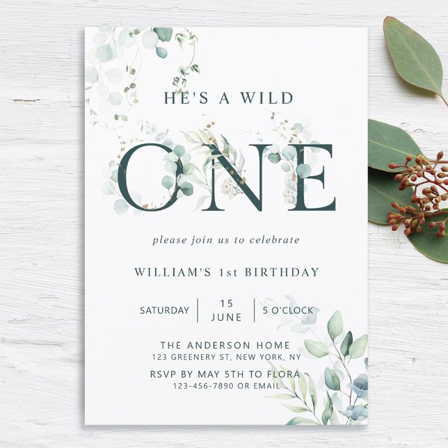 Wild One Boy Botanical First Birthday Invitation (Creator Uploaded)