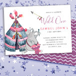 Wild One boy first birthday funny tribal party Invitation<br><div class="desc">Tribal arrow and feather themed Wild One boy first birthday party invitation featuring a funny mouse beating the drum next to a watercolor tent in purple,  navy and fuchsia shades.</div>