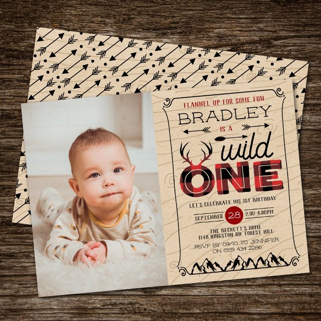 Wild One Boys Plaid Lumberjack 1st Birthday Photo Invitation (Creator Uploaded)