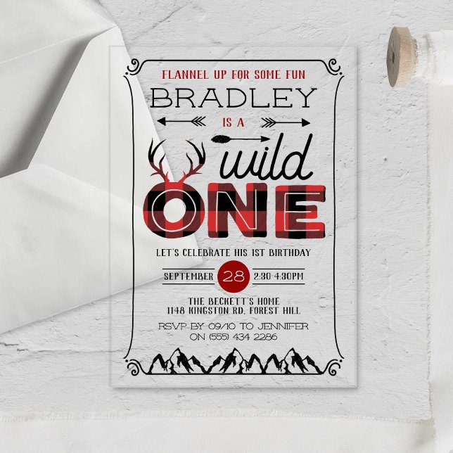 Wild One Boys Rustic Plaid Lumberjack 1st Birthday Acrylic Invitations (Creator Uploaded)