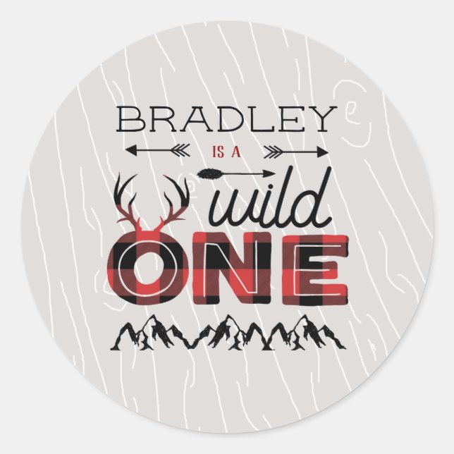 Wild One Boys Rustic Plaid Lumberjack 1st Birthday Classic Round Sticker (Front)