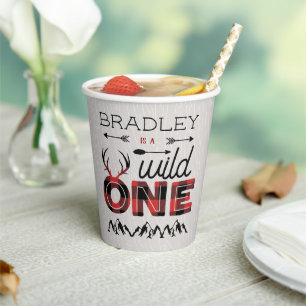 Wild One Boys Rustic Plaid Lumberjack 1st Birthday Paper Cups