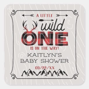 Wild One Boys Rustic Plaid Lumberjack Baby Shower Square Sticker