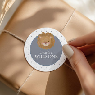 Wild One Boys' Safari Blue Lion Cub Birthday Classic Round Sticker