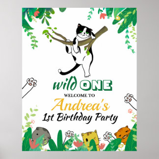 Wild One Cat Greenery Kids 1st Birthday Welcome  P Poster