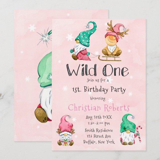 Wild One Christmas Gnome 1st Birthday  Invitation (Front/Back)