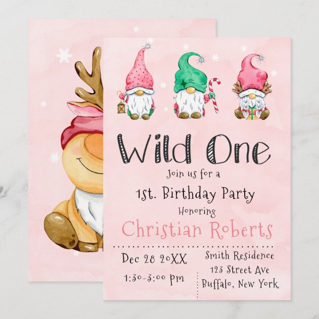 Wild One Christmas Gnomes 1st Birthday Party  Invitation (Front/Back)