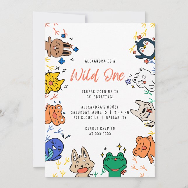 Wild One Cute Animals 1st Birthday Kids Invitation (Front)