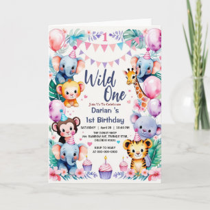 Wild One Cute Animals Balloon cupcake 1st Birthday Invitation