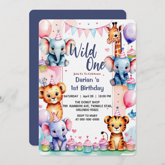 Wild One Cute Animals Balloon cupcake 1st Birthday Invitation (Front/Back)