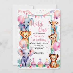 Wild One Cute Animals Balloon cupcake 1st Birthday Invitation