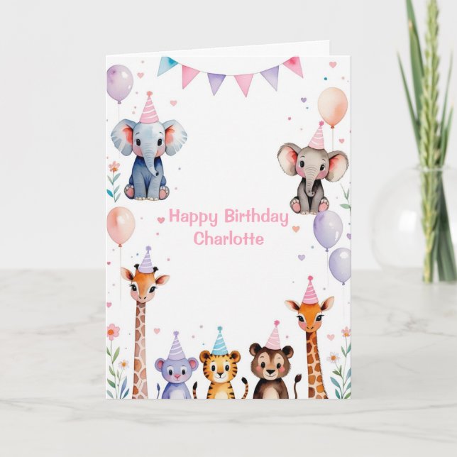 Wild One Cute Animals Balloon girls 1st Birthday Invitation (Front)