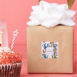 Wild One Cute Animals Balloon girls Birthday Square Sticker