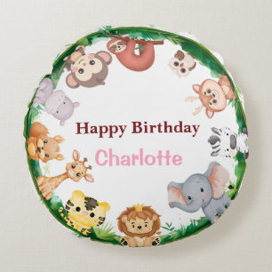 Wild One Cute Animals zoo Birthday party Round Cushion