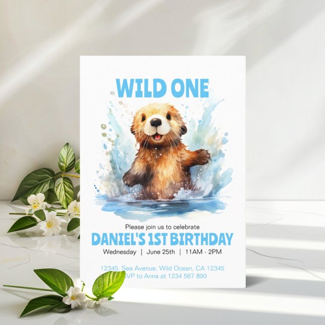 Wild One Cute Baby Sea Otter in Water 1st Birthday Invitation (Creator Uploaded)