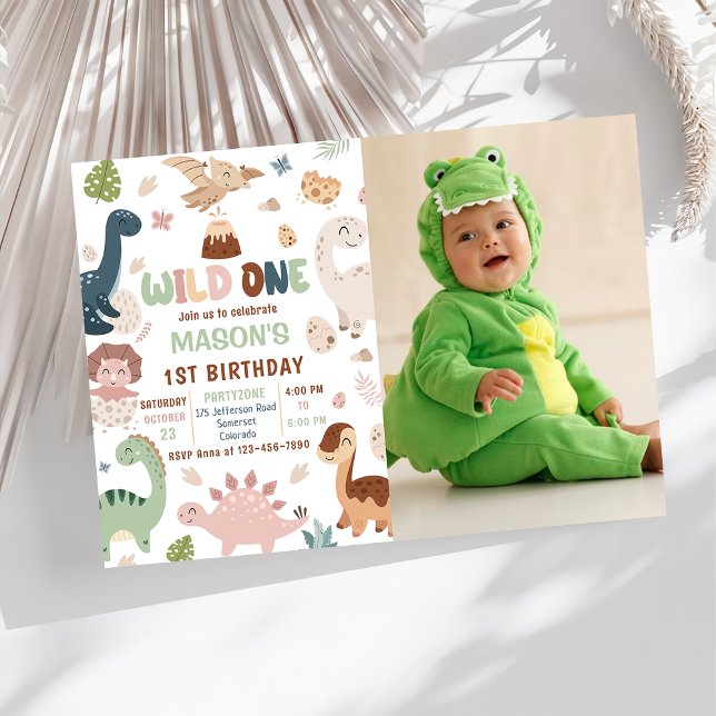 Wild One Cute Dinosaur 1st Birthday Party Photo Invitation (Creator Uploaded)