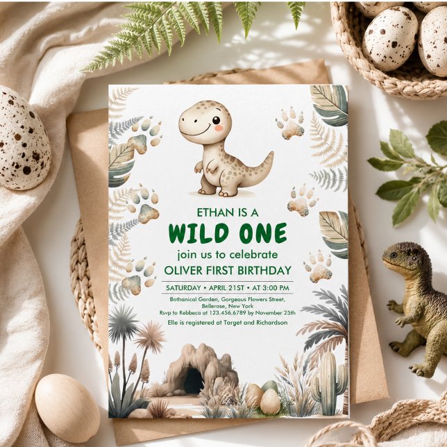 Wild One Cute Dinosaur First Birthday Party Invitation (Wild One Cute Dinosaur First Birthday Party Invitation)