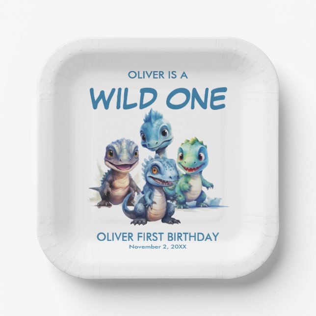 Wild One Cute Dinosaur First Birthday Party Paper Plate (Front)