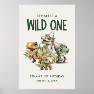 Wild One Cute Dinosaur First Birthday Party Poster