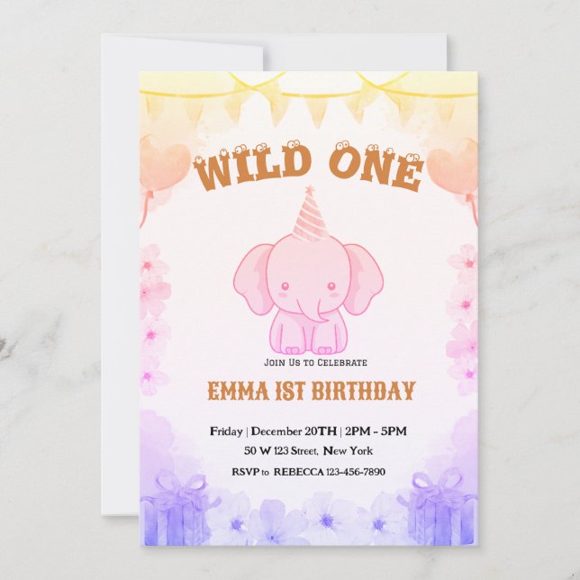 Wild One Cute Elephant 1st Birthday Invitation (Front)
