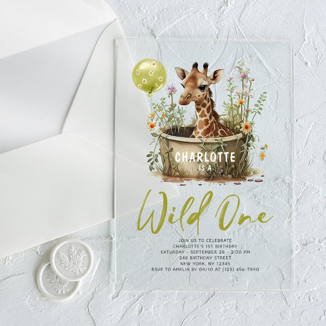 Wild One Cute Giraffe 1st Birthday Boho Animal  Acrylic Invitations (Creator Uploaded)