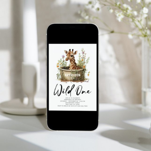 Wild One Cute Giraffe 1st Birthday Boho Animal Invitation (Creator Uploaded)