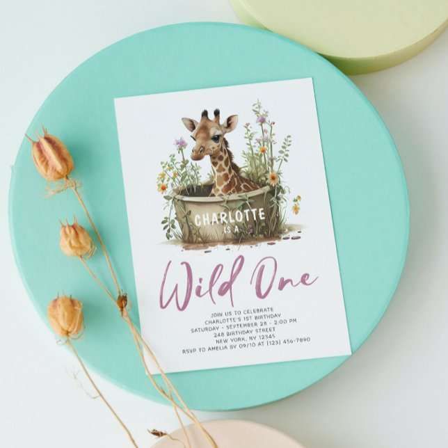 Wild One Cute Giraffe 1st Birthday Boho Animal Invitation (Creator Uploaded)
