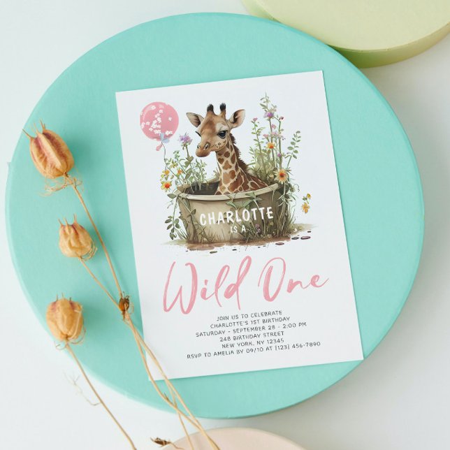 Wild One Cute Giraffe 1st Birthday Boho Animal Invitation (Creator Uploaded)