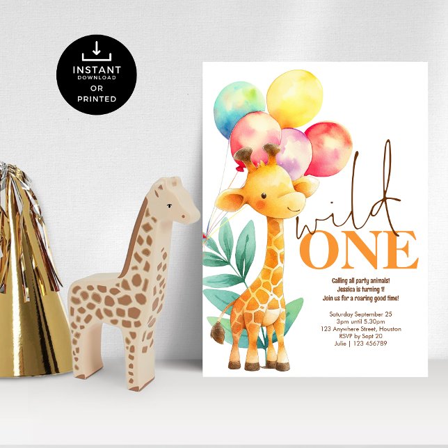 Wild One Cute Giraffe 1st Birthday Party Invitation (Creator Uploaded)