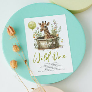 Wild One Cute Giraffe 1st Birthday Photo Animal Invitation