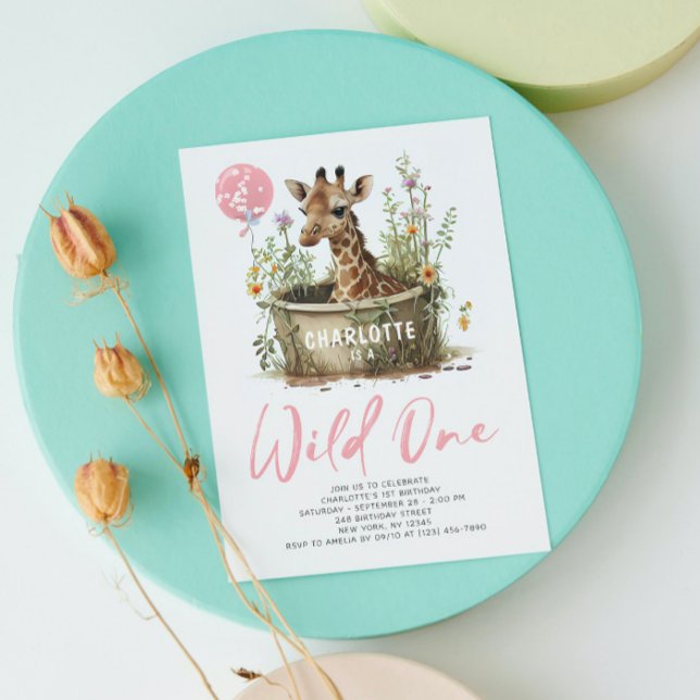 Wild One Cute Giraffe 1st Birthday Photo Animal Invitation (Creator Uploaded)