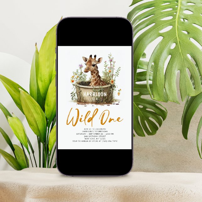 Wild One Cute Giraffe 1st Birthday Photo Animal Invitation (Creator Uploaded)