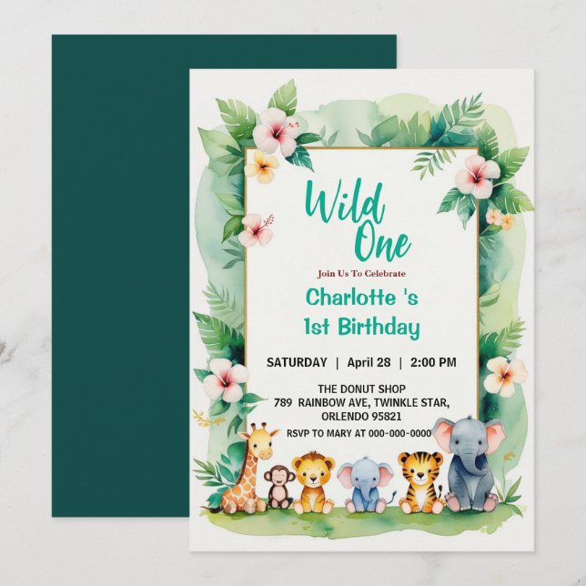 Wild One Cute Jungle Animal Child's 1st Birthday  Invitation (Front/Back)