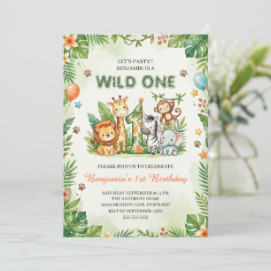 Wild One Cute Jungle Animals Kids 1st Birthday  Invitation
