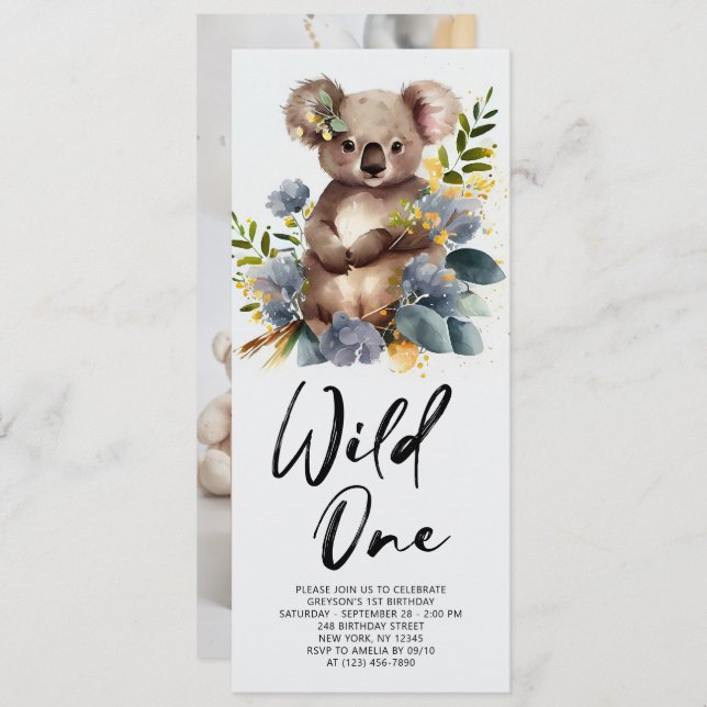 Wild One Cute Koala 1st Birthday Photo Animal Invitation (Front/Back)