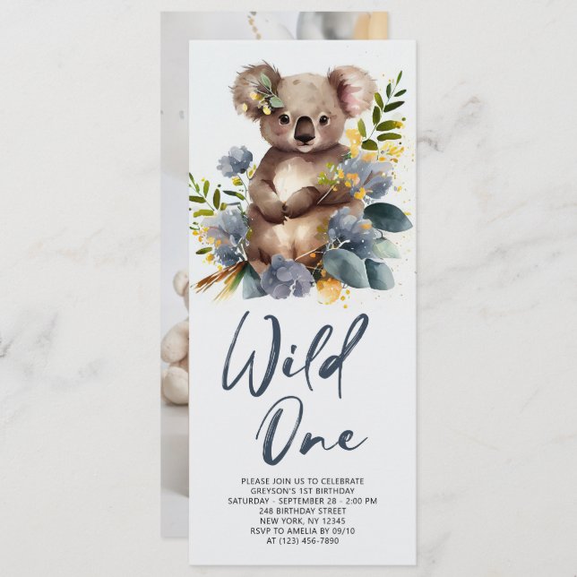 Wild One Cute Koala 1st Birthday Photo Animal Invitation (Front/Back)